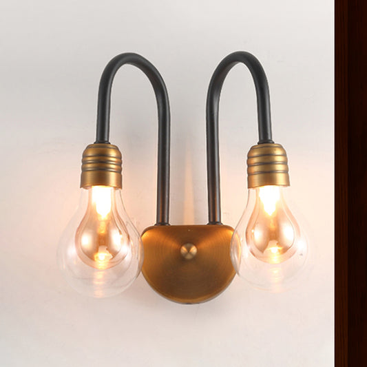 Clear Glass Bulb Wall Lighting Contemporary 1/2/3 Lights Led Wall Sconce Light in Brass with Curved Arm Clearhalo 'Cast Iron' 'Glass' 'Industrial' 'Modern wall lights' 'Modern' 'Tiffany' 'Traditional wall lights' 'Wall Lamps & Sconces' 'Wall Lights' Lighting' 466113