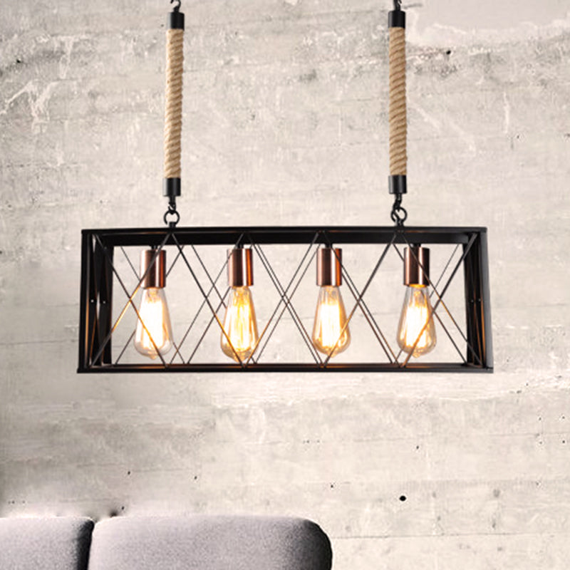 Linear Metal Island Lighting with X-Cage Shade Vintage Industrial 4 Bulbs Living Room Island Pendant Light in Black Clearhalo 'Ceiling Lights' 'Island Lights' Lighting' 466124