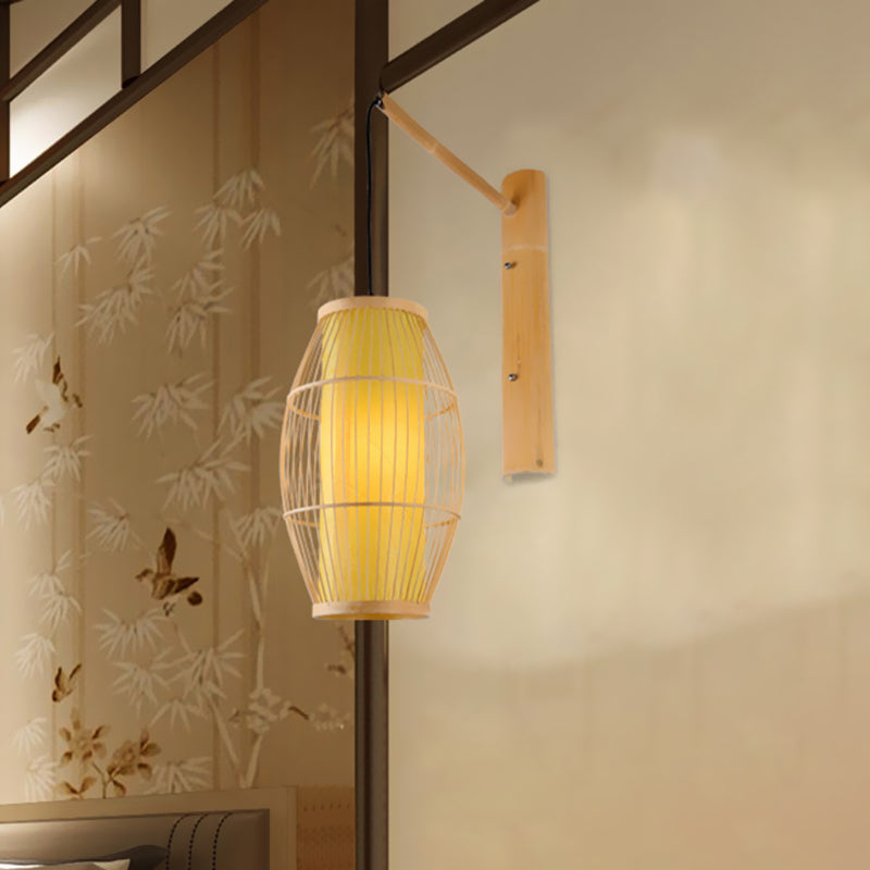 Asian Style Oblong Hanging Wall Light Bamboo 1 Bulb Bedroom Sconce Light Fixture in Beige Clearhalo 'Wall Lamps & Sconces' 'Wall Lights' Lighting' 466135