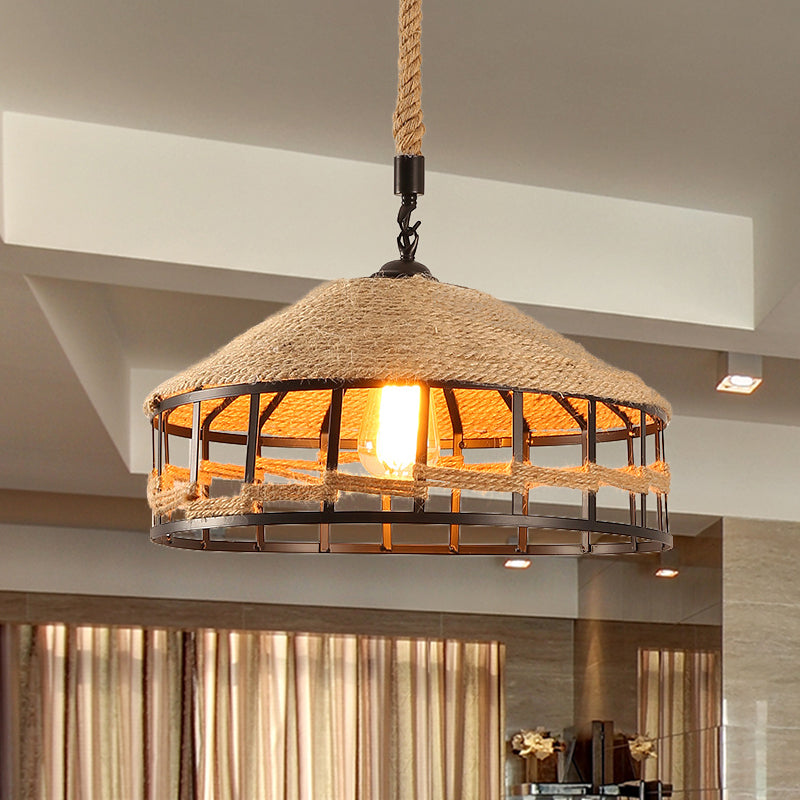 Mongolian Yurts Rope Pendant Vintage 1 Light Restaurant Ceiling Hang Fixture in Beige with Wire Cage, 12"/16"/19.5" W Beige Clearhalo 'Ceiling Lights' 'Industrial Pendants' 'Industrial' 'Middle Century Pendants' 'Pendant Lights' 'Pendants' 'Tiffany' Lighting' 466136