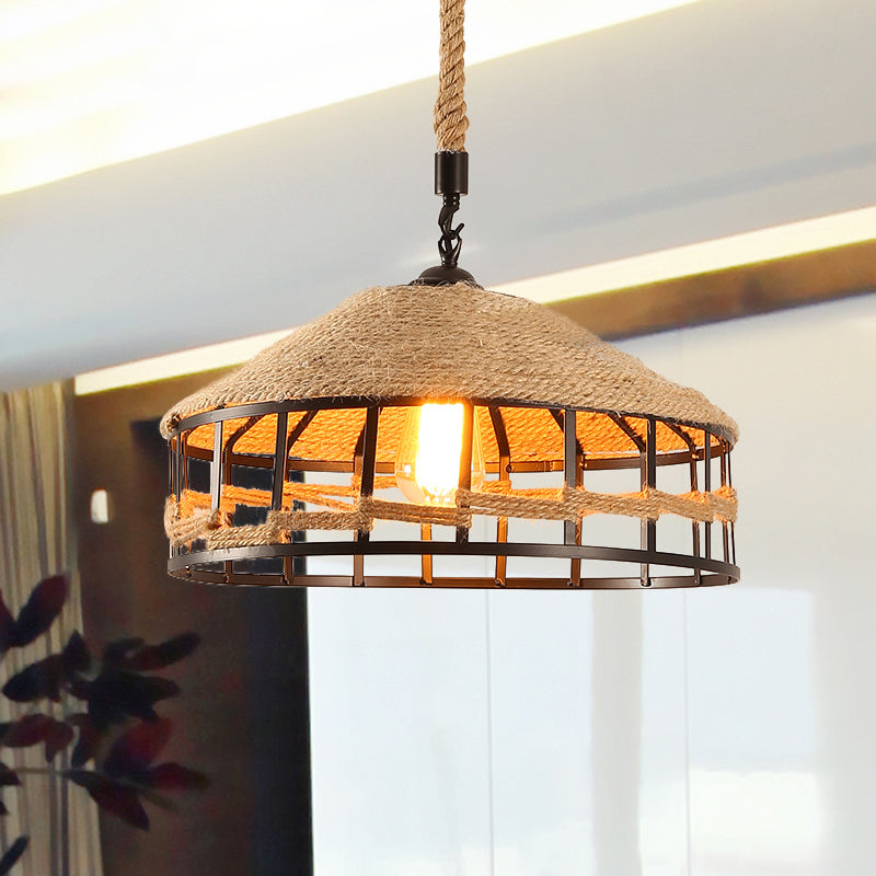 Mongolian Yurts Rope Pendant Vintage 1 Light Restaurant Ceiling Hang Fixture in Beige with Wire Cage, 12"/16"/19.5" W Clearhalo 'Ceiling Lights' 'Industrial Pendants' 'Industrial' 'Middle Century Pendants' 'Pendant Lights' 'Pendants' 'Tiffany' Lighting' 466137