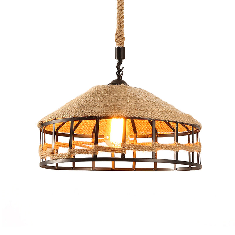 Mongolian Yurts Rope Pendant Vintage 1 Light Restaurant Ceiling Hang Fixture in Beige with Wire Cage, 12"/16"/19.5" W Clearhalo 'Ceiling Lights' 'Industrial Pendants' 'Industrial' 'Middle Century Pendants' 'Pendant Lights' 'Pendants' 'Tiffany' Lighting' 466138