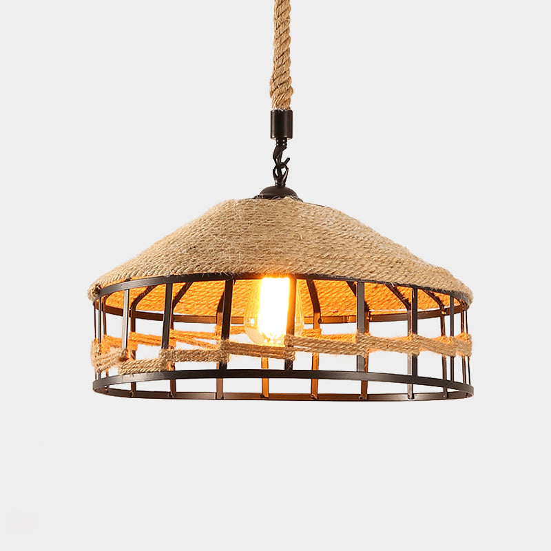 Mongolian Yurts Rope Pendant Vintage 1 Light Restaurant Ceiling Hang Fixture in Beige with Wire Cage, 12"/16"/19.5" W Clearhalo 'Ceiling Lights' 'Industrial Pendants' 'Industrial' 'Middle Century Pendants' 'Pendant Lights' 'Pendants' 'Tiffany' Lighting' 466139