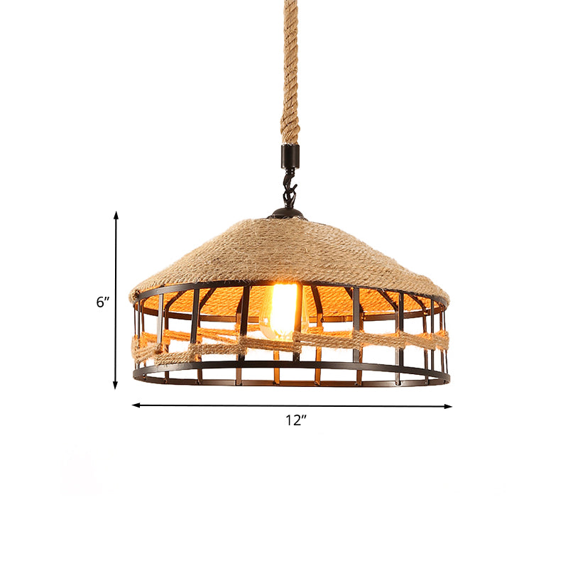 Mongolian Yurts Rope Pendant Vintage 1 Light Restaurant Ceiling Hang Fixture in Beige with Wire Cage, 12"/16"/19.5" W Clearhalo 'Ceiling Lights' 'Industrial Pendants' 'Industrial' 'Middle Century Pendants' 'Pendant Lights' 'Pendants' 'Tiffany' Lighting' 466140