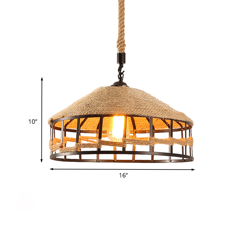 Mongolian Yurts Rope Pendant Vintage 1 Light Restaurant Ceiling Hang Fixture in Beige with Wire Cage, 12"/16"/19.5" W Clearhalo 'Ceiling Lights' 'Industrial Pendants' 'Industrial' 'Middle Century Pendants' 'Pendant Lights' 'Pendants' 'Tiffany' Lighting' 466141