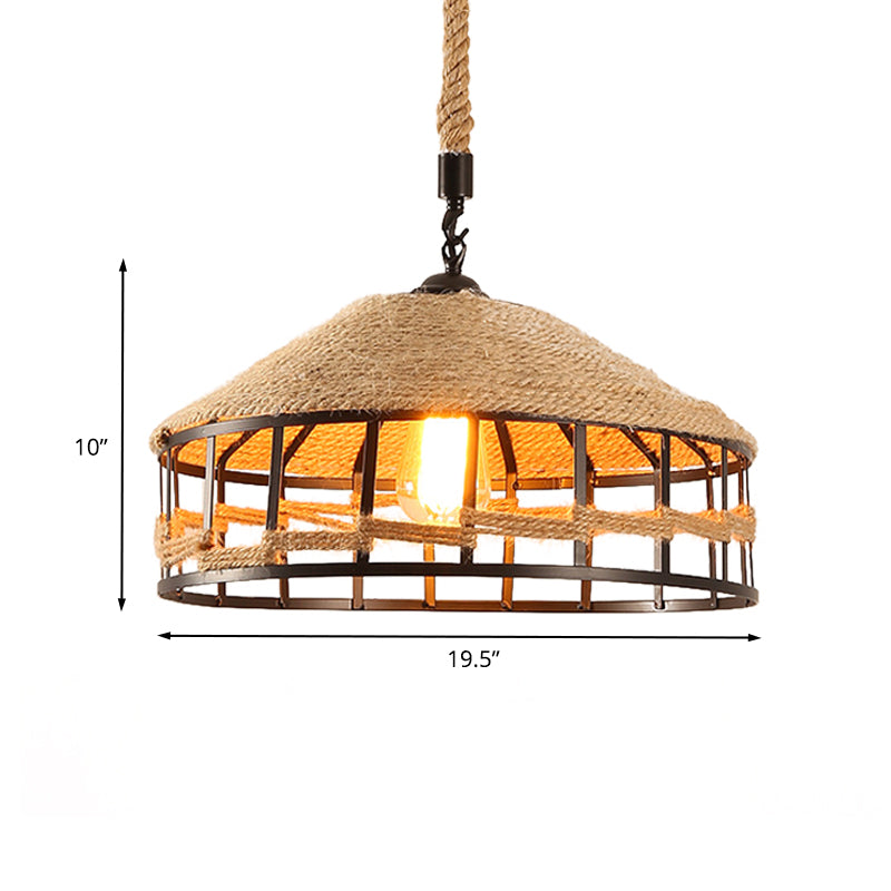 Mongolian Yurts Rope Pendant Vintage 1 Light Restaurant Ceiling Hang Fixture in Beige with Wire Cage, 12"/16"/19.5" W Clearhalo 'Ceiling Lights' 'Industrial Pendants' 'Industrial' 'Middle Century Pendants' 'Pendant Lights' 'Pendants' 'Tiffany' Lighting' 466142