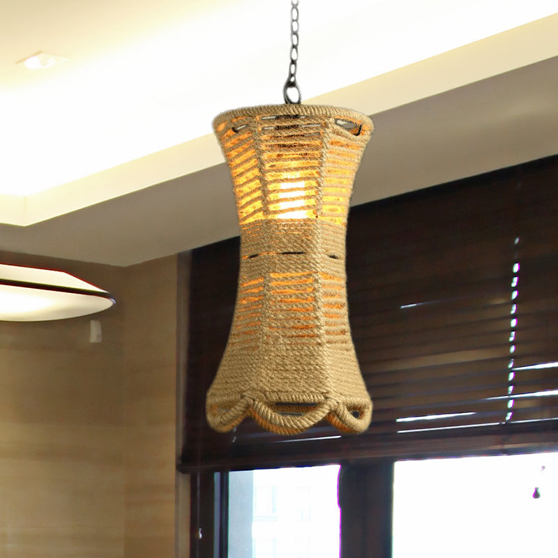 Beige Radian Pendant Lamp Vintage Rope 1 Head Restaurant Hand-Woven Hanging Light Fixture Clearhalo 'Ceiling Lights' 'Industrial Pendants' 'Industrial' 'Middle Century Pendants' 'Pendant Lights' 'Pendants' 'Tiffany' Lighting' 466151