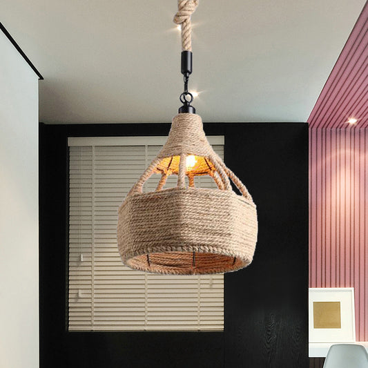 8"/15" Wide Beige 1-Bulb Ceiling Light Farmhouse Rope Onion/Hourglass Hanging Pendant Lamp for Coffee Shop Beige 8" Clearhalo 'Ceiling Lights' 'Industrial Pendants' 'Industrial' 'Middle Century Pendants' 'Pendant Lights' 'Pendants' 'Tiffany' Lighting' 466157