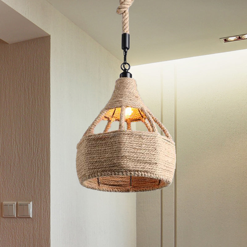 8"/15" Wide Beige 1-Bulb Ceiling Light Farmhouse Rope Onion/Hourglass Hanging Pendant Lamp for Coffee Shop Clearhalo 'Ceiling Lights' 'Industrial Pendants' 'Industrial' 'Middle Century Pendants' 'Pendant Lights' 'Pendants' 'Tiffany' Lighting' 466158