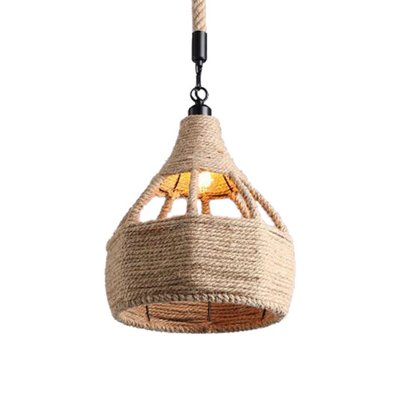 8"/15" Wide Beige 1-Bulb Ceiling Light Farmhouse Rope Onion/Hourglass Hanging Pendant Lamp for Coffee Shop Clearhalo 'Ceiling Lights' 'Industrial Pendants' 'Industrial' 'Middle Century Pendants' 'Pendant Lights' 'Pendants' 'Tiffany' Lighting' 466159