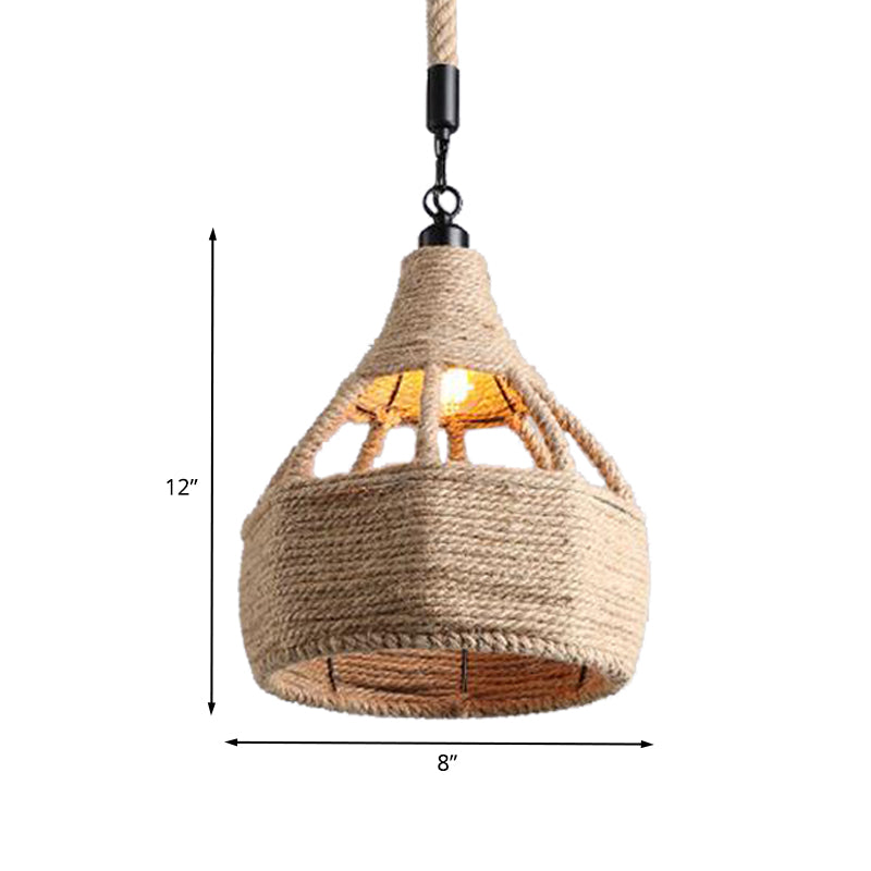 8"/15" Wide Beige 1-Bulb Ceiling Light Farmhouse Rope Onion/Hourglass Hanging Pendant Lamp for Coffee Shop Clearhalo 'Ceiling Lights' 'Industrial Pendants' 'Industrial' 'Middle Century Pendants' 'Pendant Lights' 'Pendants' 'Tiffany' Lighting' 466161