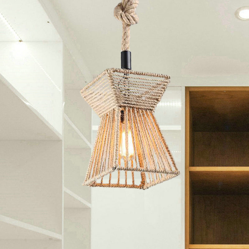 8"/15" Wide Beige 1-Bulb Ceiling Light Farmhouse Rope Onion/Hourglass Hanging Pendant Lamp for Coffee Shop Clearhalo 'Ceiling Lights' 'Industrial Pendants' 'Industrial' 'Middle Century Pendants' 'Pendant Lights' 'Pendants' 'Tiffany' Lighting' 466163