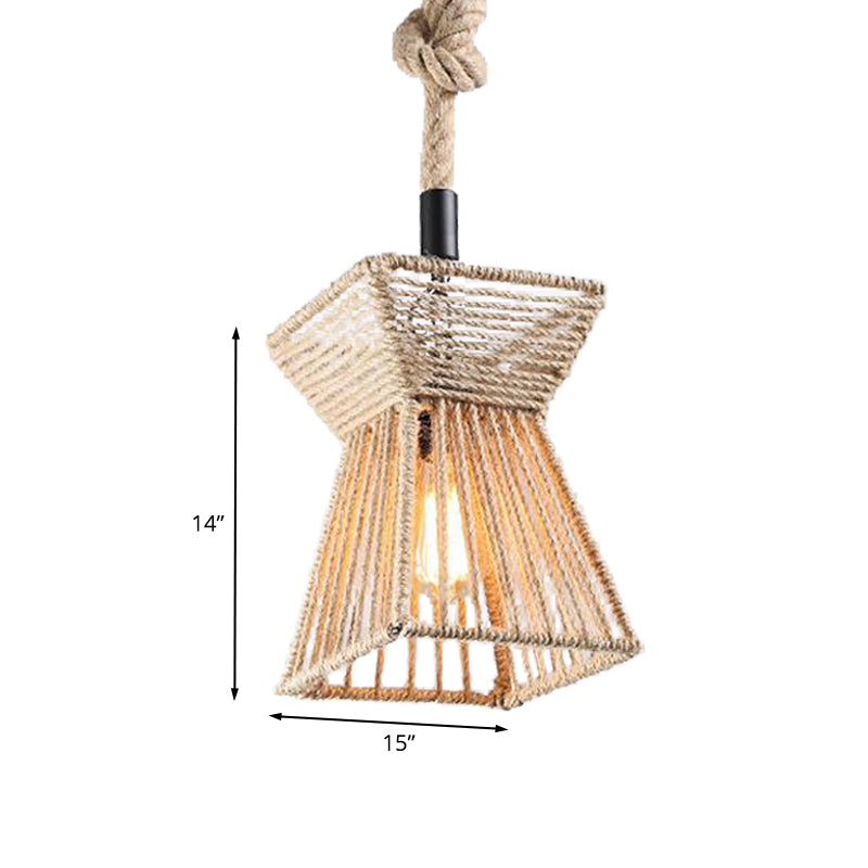 8"/15" Wide Beige 1-Bulb Ceiling Light Farmhouse Rope Onion/Hourglass Hanging Pendant Lamp for Coffee Shop Clearhalo 'Ceiling Lights' 'Industrial Pendants' 'Industrial' 'Middle Century Pendants' 'Pendant Lights' 'Pendants' 'Tiffany' Lighting' 466165