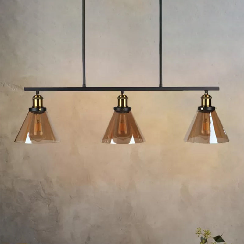 Amber Glass Cone/Globe Island Pendant Light Vintage 3 Lights Dining Room Hanging Lamp Clearhalo 'Ceiling Lights' 'Chandeliers' 'Glass shade' 'Glass' 'Island Lights' Lighting' 466382