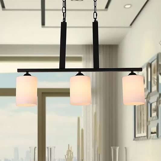 3-Bulb White Glass Island Lamp Industrial Black Cylinder Shade Dining Room Pendant Lighting Clearhalo 'Ceiling Lights' 'Chandeliers' 'Glass shade' 'Glass' 'Island Lights' Lighting' 466427