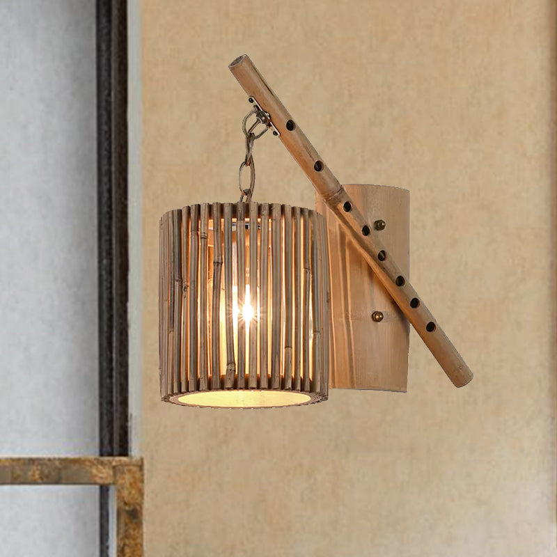 Bamboo Cylindrical Shade Wall Light Sconce Asian Style 1 Light Wood Wall Lamp with Flute Decoration, Left/Right Clearhalo 'Wall Lamps & Sconces' 'Wall Lights' Lighting' 466542