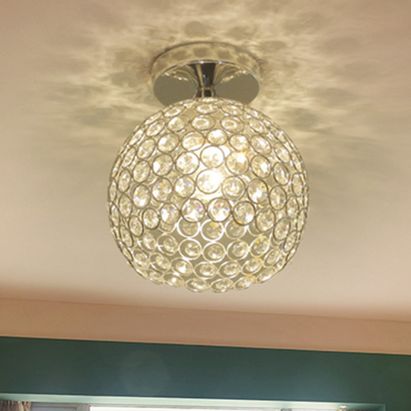 Romantic Globe Flush Mount Light 1 Head Metal and Clear Crystal Ceiling Light in Chrome for Corridor Clearhalo 'Ceiling Lights' 'Close To Ceiling Lights' 'Close to ceiling' 'Semi-flushmount' Lighting' 466611