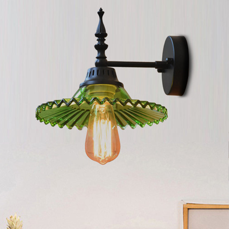 Clear/Green Glass Black Sconce Light Cone/Wide Flare 1-Light Industrial Wall Lamp Fixture for Living Room Clearhalo 'Cast Iron' 'Glass' 'Industrial wall lights' 'Industrial' 'Middle century wall lights' 'Modern' 'Tiffany' 'Traditional wall lights' 'Wall Lamps & Sconces' 'Wall Lights' Lighting' 466646