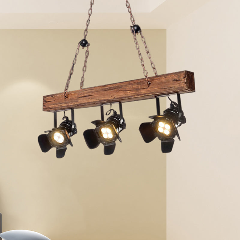 Vintage Style Linear Island Light 3 Lights Metal and Wood Island Pendant Light with Wooden Beam in Black Clearhalo 'Ceiling Lights' 'Island Lights' Lighting' 466681