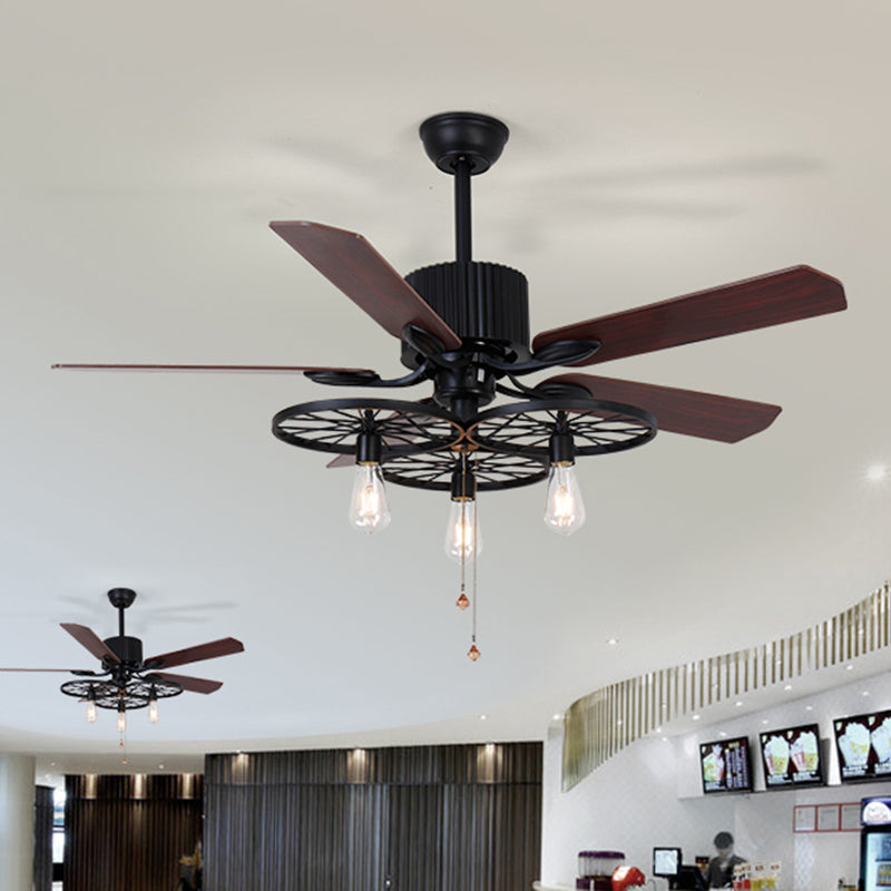 3 Lights Wheel Ceiling Fan Industrial Retro Metal Semi Flush in Black with 5 Blades Clearhalo 'Ceiling Fans with Lights' 'Ceiling Fans' 'Industrial Ceiling Fans' 'Industrial' Lighting' 466744