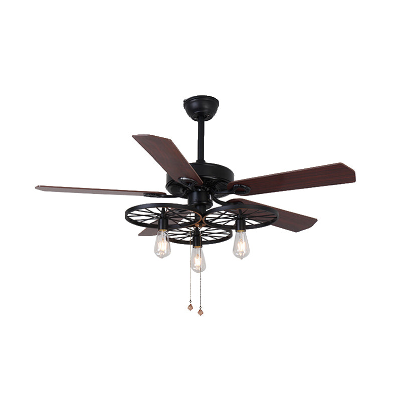 3 Lights Wheel Ceiling Fan Industrial Retro Metal Semi Flush in Black with 5 Blades Clearhalo 'Ceiling Fans with Lights' 'Ceiling Fans' 'Industrial Ceiling Fans' 'Industrial' Lighting' 466745