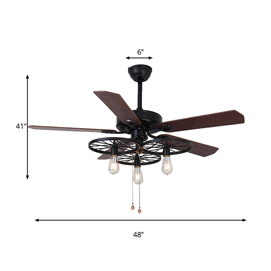 3 Lights Wheel Ceiling Fan Industrial Retro Metal Semi Flush in Black with 5 Blades Clearhalo 'Ceiling Fans with Lights' 'Ceiling Fans' 'Industrial Ceiling Fans' 'Industrial' Lighting' 466746