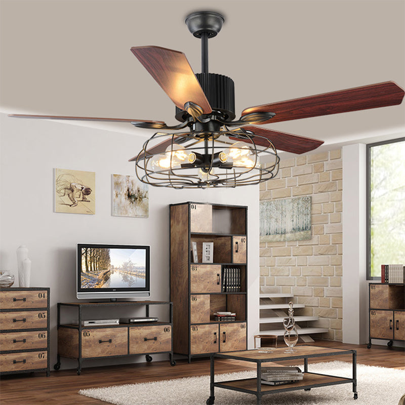 Caged Indoor Ceiling Fan with 5 Blade Metal Rustic Vintage Semi Flush Mount Light in Black Black Wall Control Clearhalo 'Ceiling Fans with Lights' 'Ceiling Fans' 'Industrial Ceiling Fans' 'Industrial' Lighting' 466774
