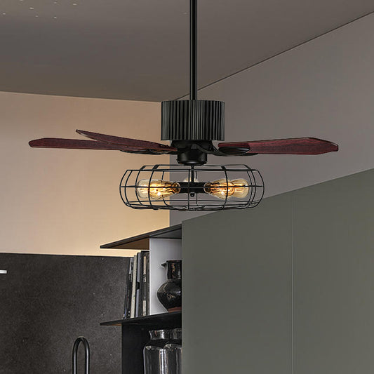 Caged Indoor Ceiling Fan with 5 Blade Metal Rustic Vintage Semi Flush Mount Light in Black Clearhalo 'Ceiling Fans with Lights' 'Ceiling Fans' 'Industrial Ceiling Fans' 'Industrial' Lighting' 466775