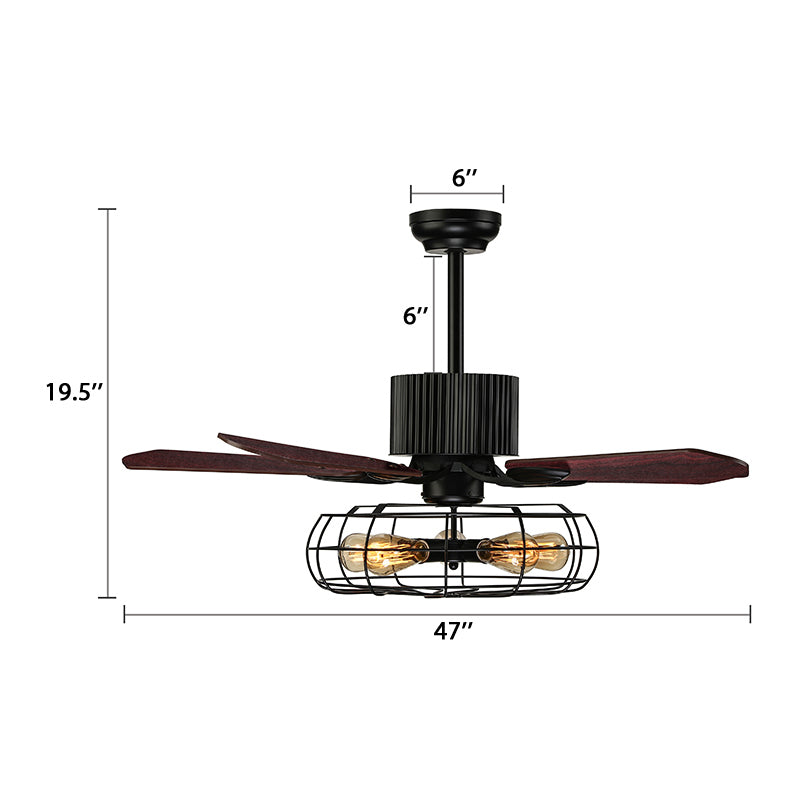 Caged Indoor Ceiling Fan with 5 Blade Metal Rustic Vintage Semi Flush Mount Light in Black Clearhalo 'Ceiling Fans with Lights' 'Ceiling Fans' 'Industrial Ceiling Fans' 'Industrial' Lighting' 466778