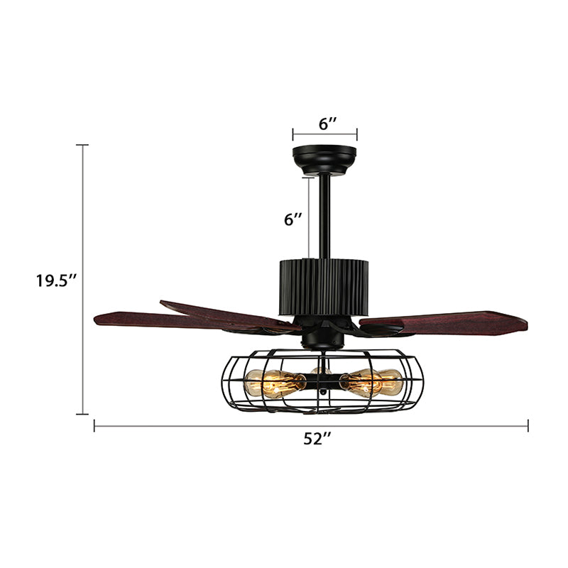 Caged Indoor Ceiling Fan with 5 Blade Metal Rustic Vintage Semi Flush Mount Light in Black Clearhalo 'Ceiling Fans with Lights' 'Ceiling Fans' 'Industrial Ceiling Fans' 'Industrial' Lighting' 466779