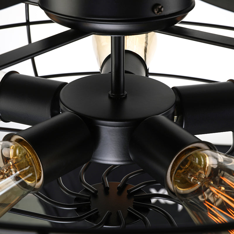 Caged Indoor Ceiling Fan with 5 Blade Metal Rustic Vintage Semi Flush Mount Light in Black Clearhalo 'Ceiling Fans with Lights' 'Ceiling Fans' 'Industrial Ceiling Fans' 'Industrial' Lighting' 466780