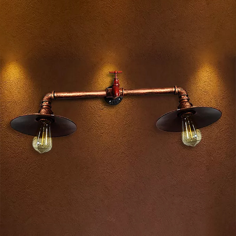 2 Bulbs Flat Shade Wall Light Fixture with Water Tap Industrial Dark Rust Metallic Sconce Lighting for Bedroom Clearhalo 'Art deco wall lights' 'Cast Iron' 'Glass' 'Industrial wall lights' 'Industrial' 'Middle century wall lights' 'Modern' 'Rustic wall lights' 'Tiffany' 'Traditional wall lights' 'Wall Lamps & Sconces' 'Wall Lights' Lighting' 467280