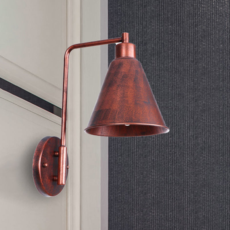 1 Bulb Conical Wall Sconce Vintage Style Black/Rust Iron Wall Mounted Lamp with Angle Arm for Farmhouse Clearhalo 'Art deco wall lights' 'Cast Iron' 'Glass' 'Industrial wall lights' 'Industrial' 'Middle century wall lights' 'Modern' 'Rustic wall lights' 'Tiffany' 'Traditional wall lights' 'Wall Lamps & Sconces' 'Wall Lights' Lighting' 467340