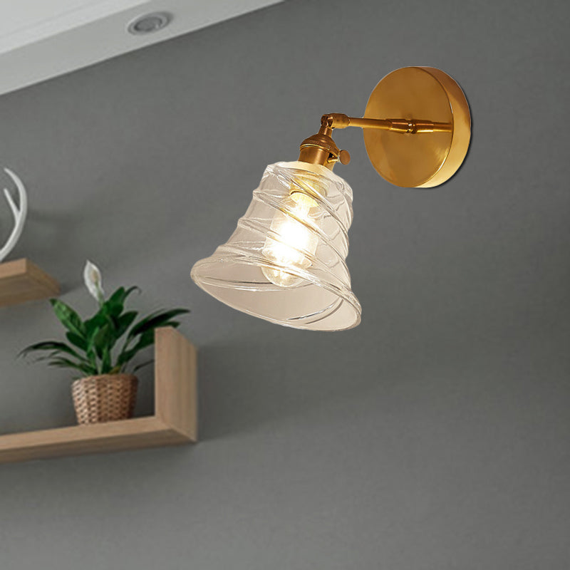 Flared Bedroom Wall Lighting Industrial Clear Swirl Glass 1 Light Brass Sconce Lamp Clearhalo 'Cast Iron' 'Glass' 'Industrial' 'Modern wall lights' 'Modern' 'Tiffany' 'Traditional wall lights' 'Wall Lamps & Sconces' 'Wall Lights' Lighting' 467401