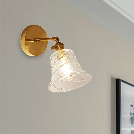 Flared Bedroom Wall Lighting Industrial Clear Swirl Glass 1 Light Brass Sconce Lamp Clearhalo 'Cast Iron' 'Glass' 'Industrial' 'Modern wall lights' 'Modern' 'Tiffany' 'Traditional wall lights' 'Wall Lamps & Sconces' 'Wall Lights' Lighting' 467402