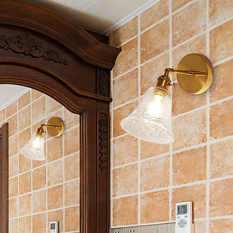 1 Light Clear Glass Wall Sconce Light Rustic Brass Bell Bedroom Lighting Fixture with Flower Clearhalo 'Cast Iron' 'Glass' 'Industrial wall lights' 'Industrial' 'Middle century wall lights' 'Modern' 'Tiffany' 'Traditional wall lights' 'Wall Lamps & Sconces' 'Wall Lights' Lighting' 467407