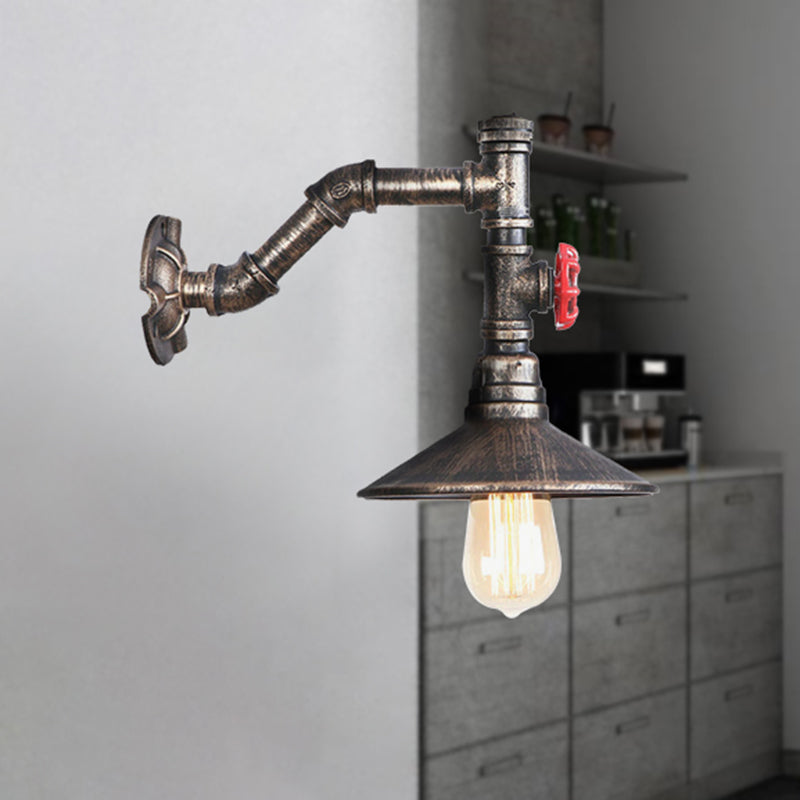 1 Bulb Conical Wall Mount Fixture Rustic Style Antique Bronze Metal Wall Lighting with Plumbing Pipe Clearhalo 'Art deco wall lights' 'Cast Iron' 'Glass' 'Industrial wall lights' 'Industrial' 'Middle century wall lights' 'Modern' 'Rustic wall lights' 'Tiffany' 'Traditional wall lights' 'Wall Lamps & Sconces' 'Wall Lights' Lighting' 467437