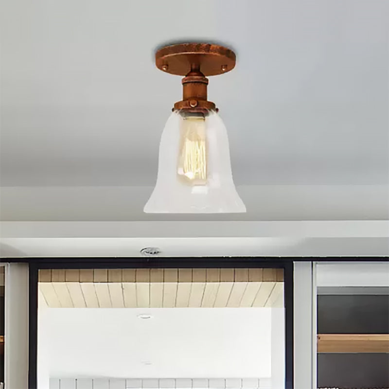 One Bulb Lighting Fixture Industrial Flared Clear Glass Semi Flush Mount Light in Black/Bronze/Copper Clearhalo 'Ceiling Lights' 'Close To Ceiling Lights' 'Close to ceiling' 'Flush mount' 'Industrial Flush Mount' Lighting' 467438