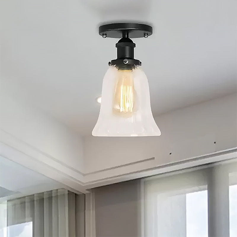 One Bulb Lighting Fixture Industrial Flared Clear Glass Semi Flush Mount Light in Black/Bronze/Copper Clearhalo 'Ceiling Lights' 'Close To Ceiling Lights' 'Close to ceiling' 'Flush mount' 'Industrial Flush Mount' Lighting' 467443