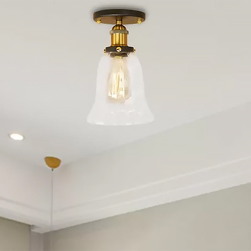 One Bulb Lighting Fixture Industrial Flared Clear Glass Semi Flush Mount Light in Black/Bronze/Copper Clearhalo 'Ceiling Lights' 'Close To Ceiling Lights' 'Close to ceiling' 'Flush mount' 'Industrial Flush Mount' Lighting' 467444