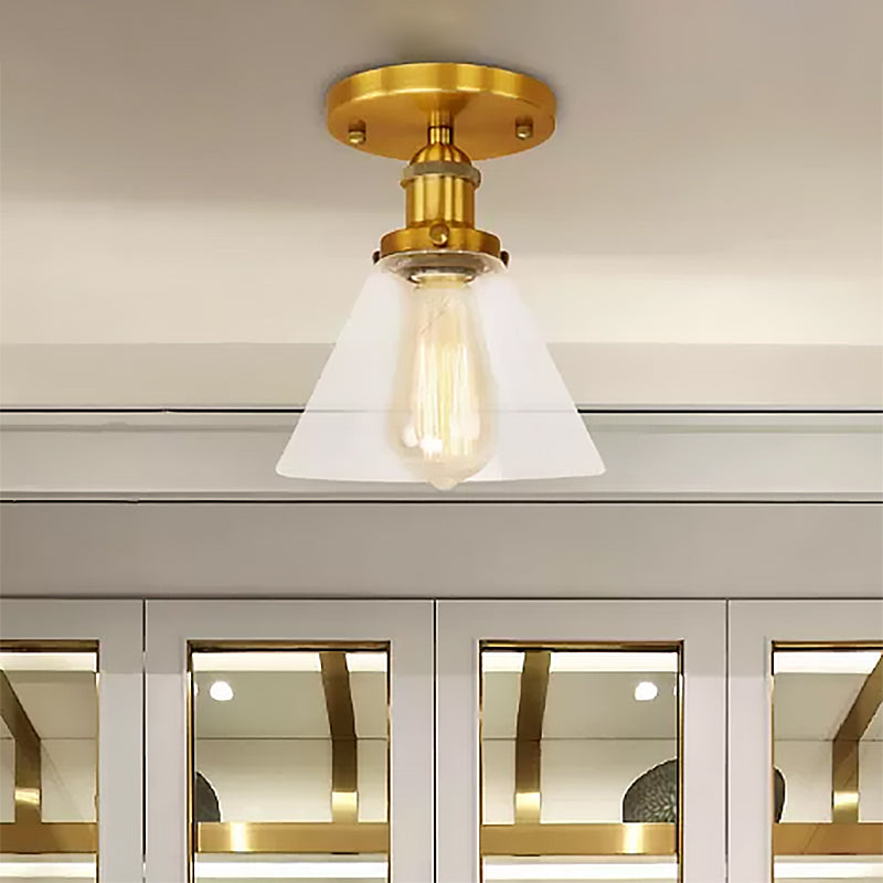 Single Bulb Semi Flush Mount Industrial Conical Clear Glass Ceiling Light in Black/Brass/Copper Clearhalo 'Ceiling Lights' 'Close To Ceiling Lights' 'Close to ceiling' 'Flush mount' 'Industrial Flush Mount' Lighting' 467451