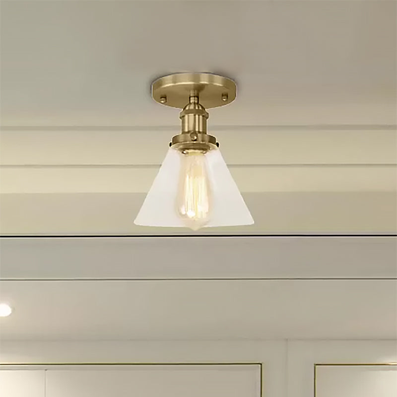 Single Bulb Semi Flush Mount Industrial Conical Clear Glass Ceiling Light in Black/Brass/Copper Clearhalo 'Ceiling Lights' 'Close To Ceiling Lights' 'Close to ceiling' 'Flush mount' 'Industrial Flush Mount' Lighting' 467452