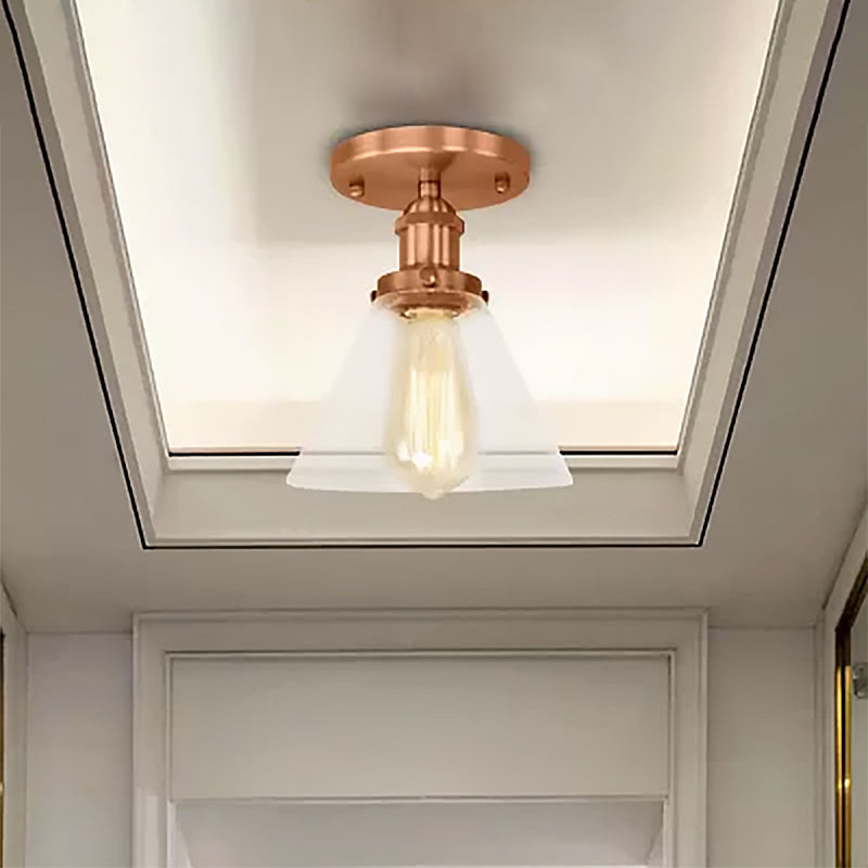 Single Bulb Semi Flush Mount Industrial Conical Clear Glass Ceiling Light in Black/Brass/Copper Clearhalo 'Ceiling Lights' 'Close To Ceiling Lights' 'Close to ceiling' 'Flush mount' 'Industrial Flush Mount' Lighting' 467453