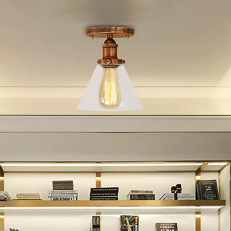 Single Bulb Semi Flush Mount Industrial Conical Clear Glass Ceiling Light in Black/Brass/Copper Clearhalo 'Ceiling Lights' 'Close To Ceiling Lights' 'Close to ceiling' 'Flush mount' 'Industrial Flush Mount' Lighting' 467454