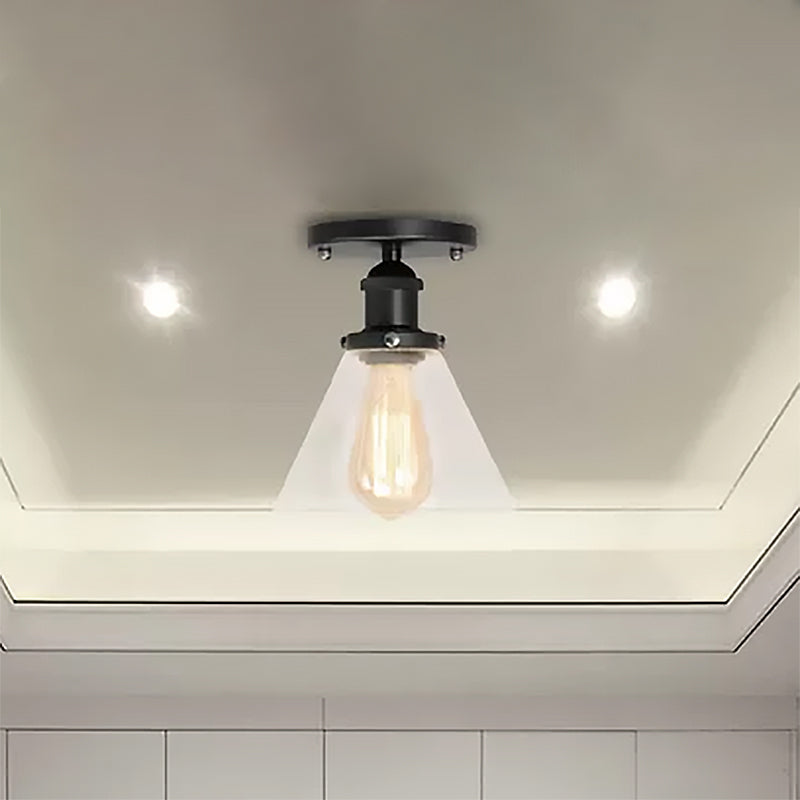 Single Bulb Semi Flush Mount Industrial Conical Clear Glass Ceiling Light in Black/Brass/Copper Clearhalo 'Ceiling Lights' 'Close To Ceiling Lights' 'Close to ceiling' 'Flush mount' 'Industrial Flush Mount' Lighting' 467455