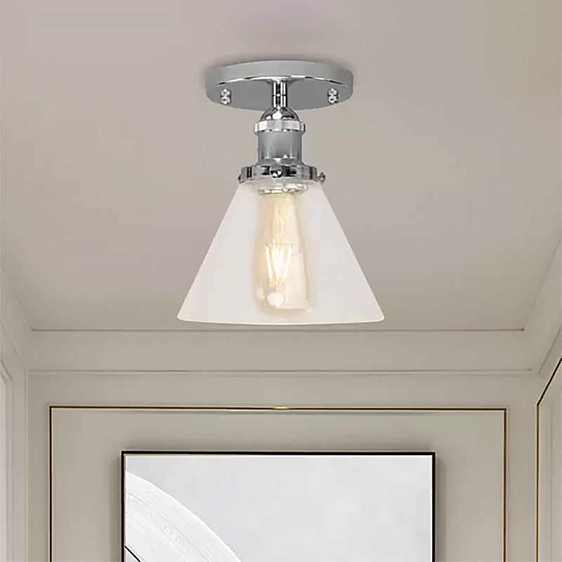 Single Bulb Semi Flush Mount Industrial Conical Clear Glass Ceiling Light in Black/Brass/Copper Clearhalo 'Ceiling Lights' 'Close To Ceiling Lights' 'Close to ceiling' 'Flush mount' 'Industrial Flush Mount' Lighting' 467456