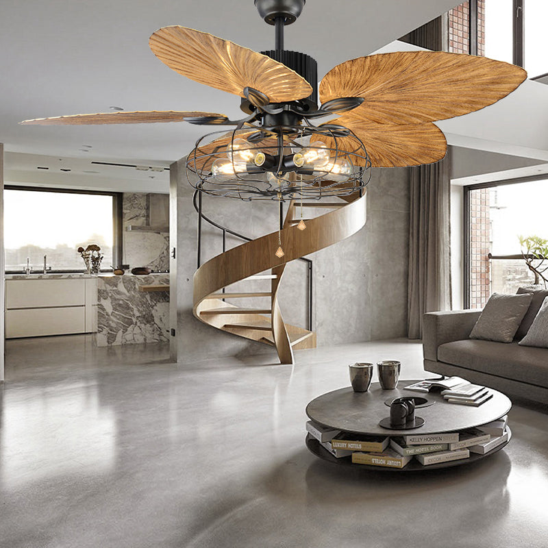 Classical Cage Style Semi Flush Mount Metal 4 Lights Ceiling Fan with Crystal Pendants in Black Black Pull Chain Clearhalo 'Ceiling Fans with Lights' 'Ceiling Fans' 'Industrial Ceiling Fans' 'Industrial' Lighting' 467457