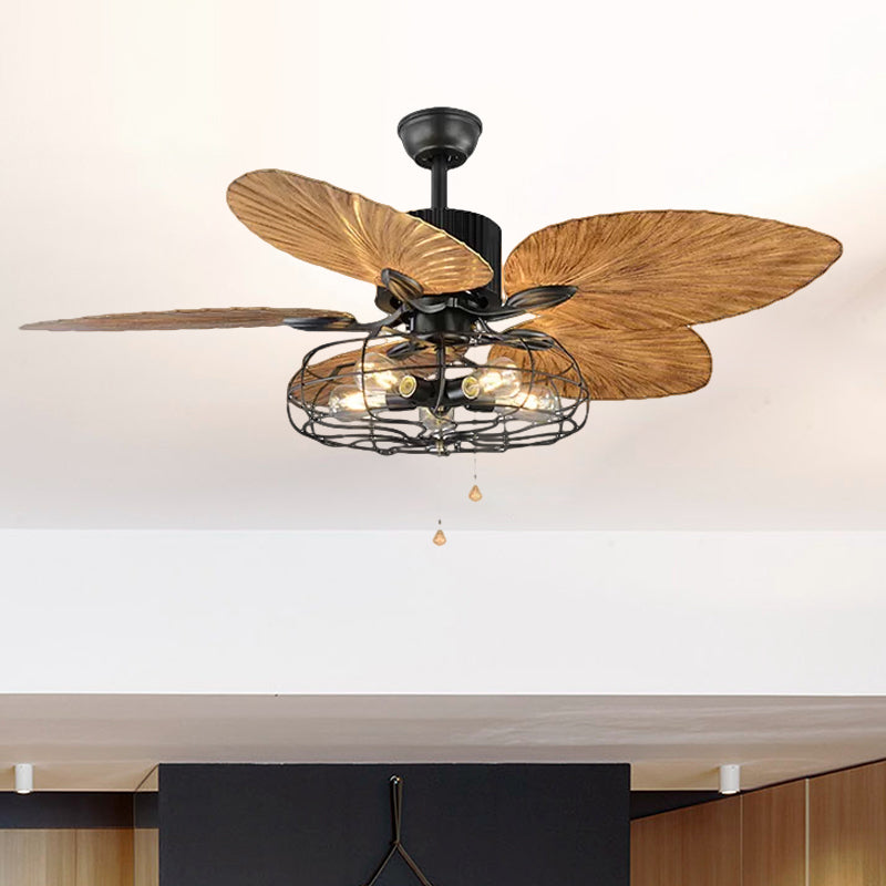 Classical Cage Style Semi Flush Mount Metal 4 Lights Ceiling Fan with Crystal Pendants in Black Clearhalo 'Ceiling Fans with Lights' 'Ceiling Fans' 'Industrial Ceiling Fans' 'Industrial' Lighting' 467458