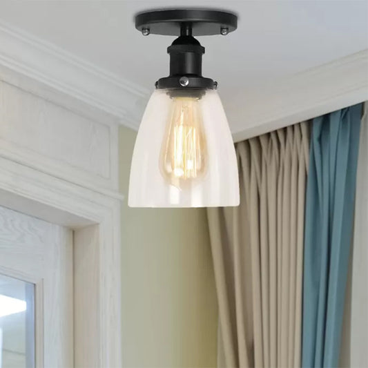 Cone Clear Glass Semi Flush Industrial 1 Bulb Living Room Light Fixture in Black Clearhalo 'Ceiling Lights' 'Close To Ceiling Lights' 'Close to ceiling' 'Glass shade' 'Glass' 'Island Lights' 'Semi-flushmount' Lighting' 467466