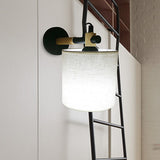 Fabric Cylindrical Sconce Wall Light Modernist 1 Light Bedroom Wall Mount Fixture with Wooden Joint in Black/White Clearhalo 'Industrial wall lights' 'Industrial' 'Middle century wall lights' 'Rustic wall lights' 'Tiffany' 'Wall Lamps & Sconces' 'Wall Lights' Lighting' 467473